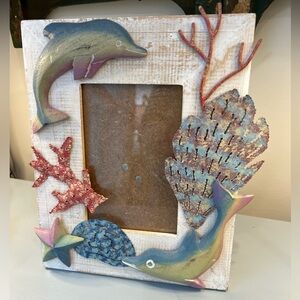 Ocean Life Dolphin Picture Frame 4x6” Photo Wood & Metal Coral Reef Vertical